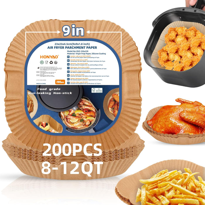 HONYAO Air Fryer Paper Liners XXL for 8-12 Qt Airfryer, 200pcs 9-10 inch Square Thickened 50gsm Disposable Parchment Tray
