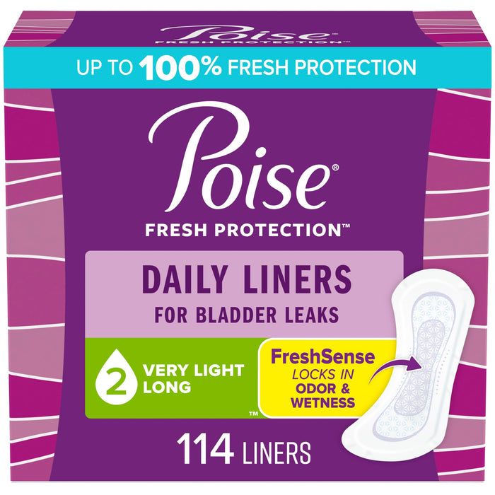 Poise Daily Liners, Incontinence Panty Liners, 2 Drop Very Light Absorbency, Long Length, 114 Count of Pantiliners, Packaging May Vary