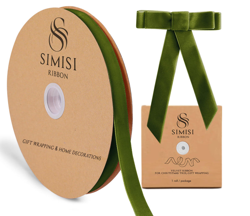 Olive Green Velvet Ribbon 5/8'' 25 Yards for Christmas Tree, Gift Wrapping, Flower Bouquet, Wreath Decorations, Bow Making