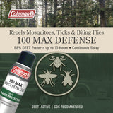 Coleman Insect Repellent Spray - 100% MAX DEET Insect Repellent Spray, protection against ticks, mosquitoes, chiggers, gnats, fleas, ideal for camping, hiking, outdoor activities, 4oz Continuous Spray