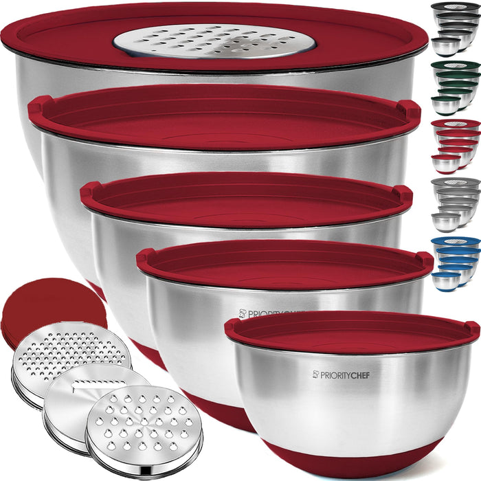 Priority Chef Stainless Steel Mixing Bowls with Lids Set, 3 Grater Attachments, Airtight Lids, Non-Slip Silicone Base Mixing Bowl Set, Large Prep Metal Mixing Bowls for Kitchen, Green