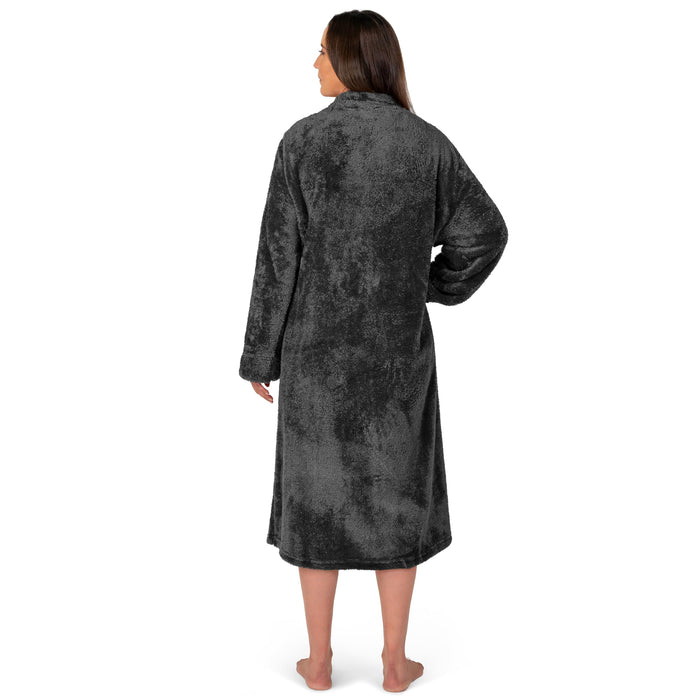 PAVILIA Womens Housecoat Zip Robe, Sherpa Zip Up Front Robe Bathrobe, Fuzzy Warm Zipper House Coat Lounger for Women Ladies Elderly with Pockets, Fluffy Fleece Long - Black (Small/Medium)