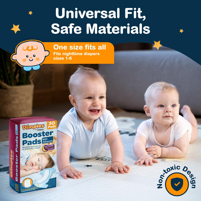 Dimples Booster Pads, Baby Diaper Doubler with Adhesive for Secure Fit | 1 Size Fits All Diapers | Boosts Absorbency No More leaks 60 Count