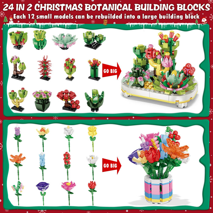 Advent Calendar 2024 for Kids Adults Teens, 24 Days STEM Botanical Building Blocks Christmas Countdown Calendar Gifts Box with 12-in-1 Succulent Flowers Bricks Toy Sets for Boys Girls Women Men Age 6+