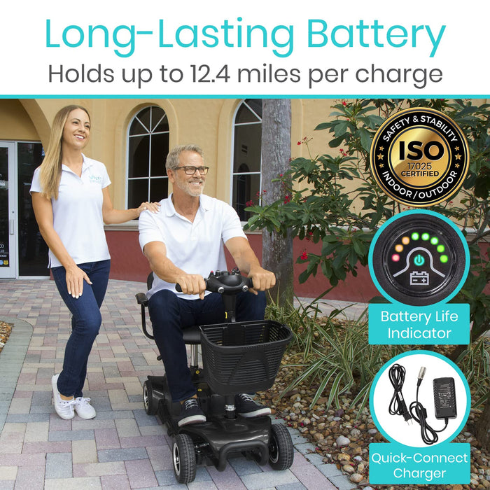 Vive 4 Wheel Mobility Scooter - Electric Powered Wheelchair Device - Compact Heavy Duty Mobile for Travel, Adults, Elderly - Long Range Power Extended Battery with Charger and Basket Included