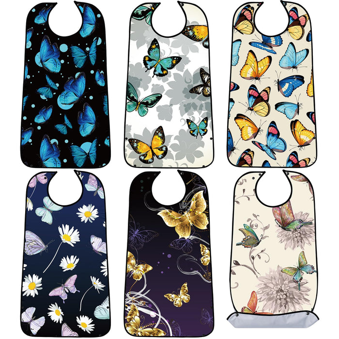 SATINIOR 6 Pieces Adult Bibs for Women Washable Reusable Clothing Protector with Crumb Catcher Flower Pearl Pattern Bibs (Butterfly Style)