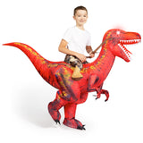 Spooktacular Creations Kids Halloween Inflatable Dinosaur Costume, LED Light Eyes Ride-on T-rex Costume, Riding a Red Raptor Digital Printing Air Blow Up Halloween Costumes, (S Red)