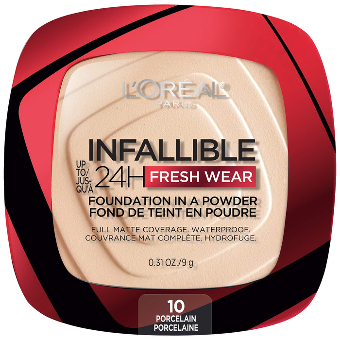L'Oreal Paris Makeup Infallible Fresh Wear Foundation in a Powder, Up to 24H Wear, Waterproof, Porcelain, 0.31 oz. (Packaging May Vary)