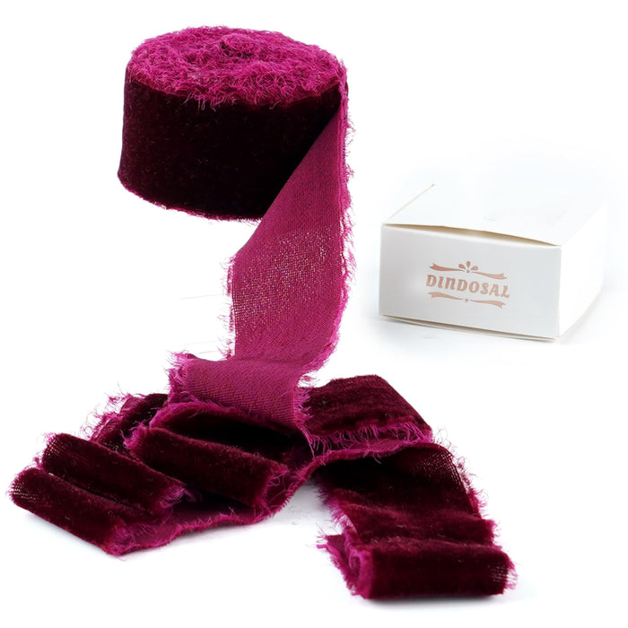 DINDOSAL Burgundy Velvet Ribbon 1.5 Inch Maroon Frayed Silk Velvet Ribbon Rustic Burgundy Christmas Velvet Ribbon Gift Ribbon Raw Edge Boho Ribbon Wedding Invitation Bridal Bouquet Ribbon -3yards
