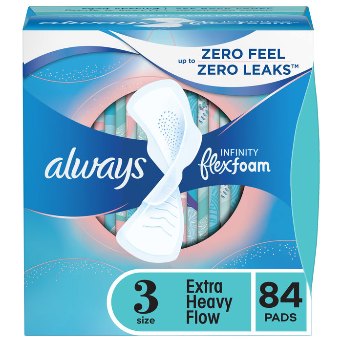 Always Infinity Feminine Pads for Women, Size 3, Extra Heavy Flow, with wings, Unscented, 28 CT, Packaging may vary