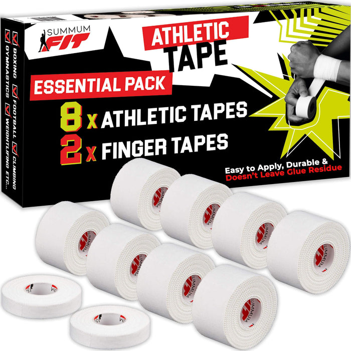 White Athletic Tape Extremely Strong: 8 Rolls + 2 Finger Tape. Easy to Apply & No Sticky Residue. Sports Tape for Boxing, Football, BJJ, Climbing. Enhance Wrist, Ankle & Hand Protection Now