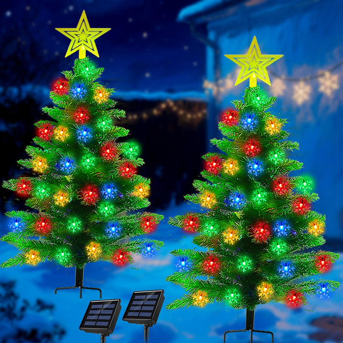 2 Pack 3.6Ft Solar Christmas Tree with 100 Snowflake Lights, Waterproof Christmas Decorations Outdoor, Solar Christmas Lights Outdoor Xmas Tree for Yard, Pathway, Porch, Cemetery, Holiday Decor