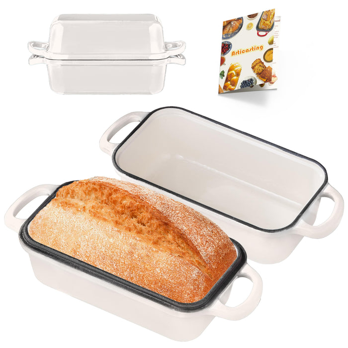 Articasting Cast Iron Bread Loaf Pan with Lid, Loaf Pans for Baking Bread 9x5, Enameled Bread Pans for Homemade Bread, Sourdough, Set of 2 (Cream White)