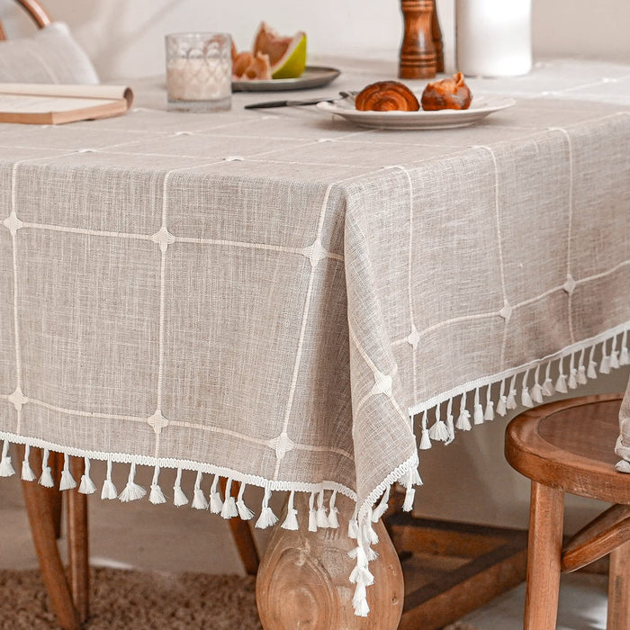 Deep Dream Tablecloths, Embroidered Waterproof Table Cloth Cotton Linen Wrinkle Free Anti-Fading Table Cover Decoration for Kitchen Dinning Party Christmas, 55 x 86 Inch - Light Brown