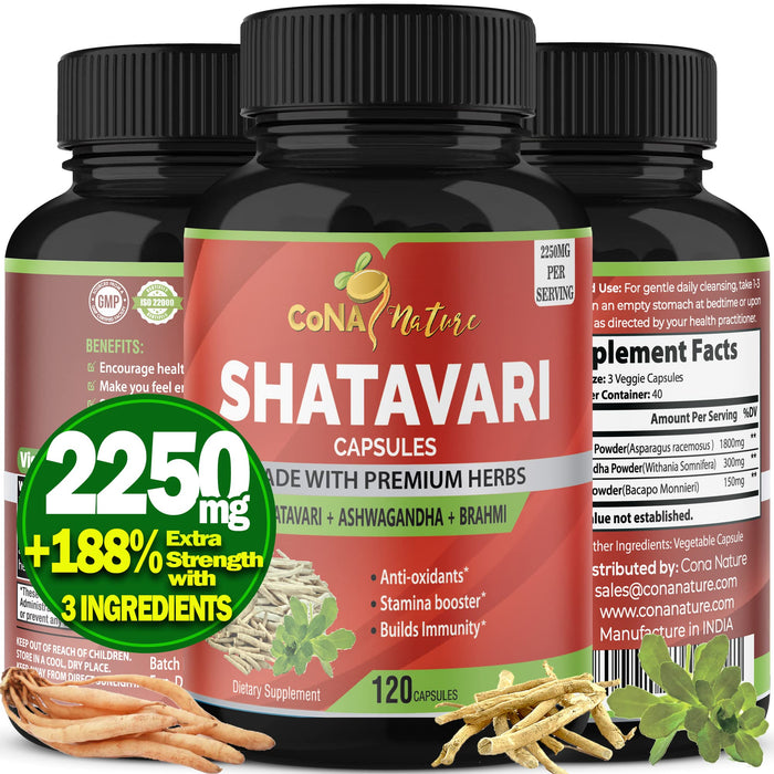 Cona Nature Organic Shatavari Powder Capsules 2250MG with Ashwagandha, Brahmi Extract | Support Women Health, 120 Vegan Capsules