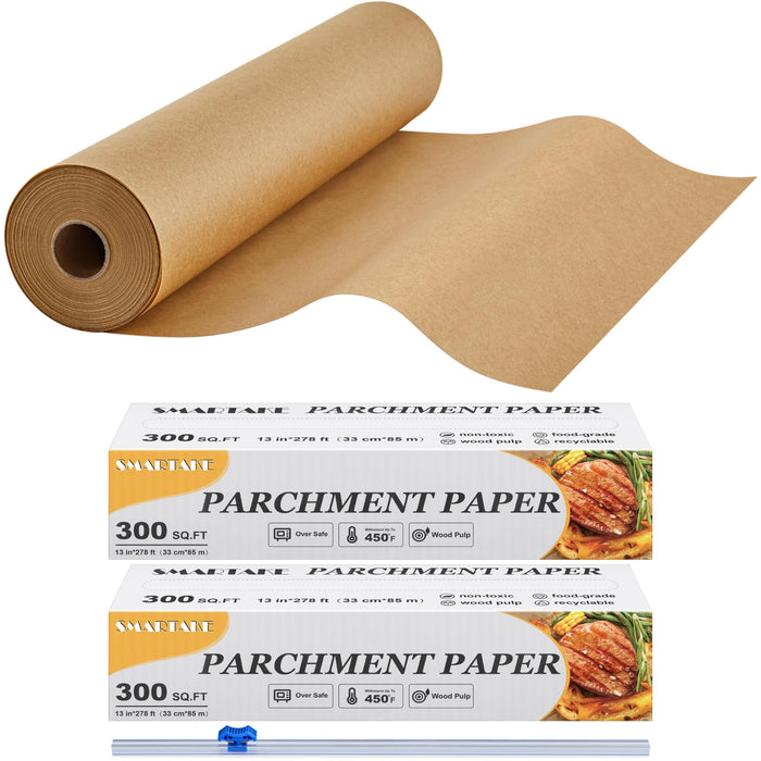 SMARTAKE Parchment Paper Roll for Baking, 2-Pack of 13 in x 278 ft, 600 sq.ft, Non-Stick Baking Paper Sheets with Slide Cutter, Heavy Duty Extra Long, for Kitchen Baking Cooking Grilling, Unbleached