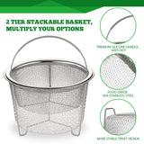 AOZITA Steamer Basket for Instant Pot Accessories 6 qt or 8 quart - 2 Tier Stackable 18/8 Stainless Steel Mesh - Silicone Handle - Vegetable Steamer Insert, Egg Basket, Pasta Strainer,Silver