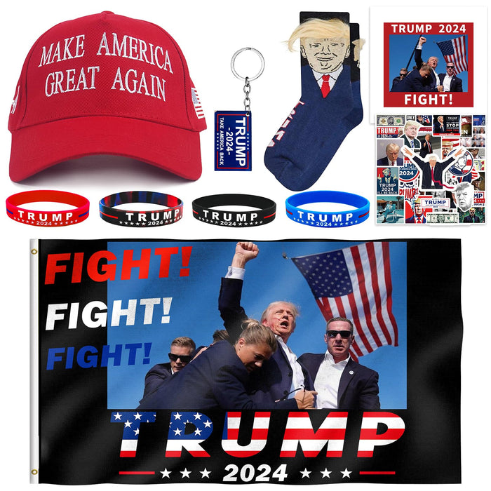 DOSMINE Supporter Kit Trump 2024 Flag 3 * 5ft Trump Survived Shot Fight Trump Flag Banner Trump Stickers Trump Hat Trump Socks Trump Keychain Trump Bracelets Heat Transfer Sticker