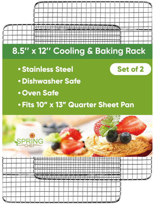 Spring Chef 8.5" x 12" Stainless Steel Cooling Racks, Wire Rack for Baking Sheet - Fits Small Quarter Sheet Pan - Perfect for Cooking, Baking, Grilling, Smoking - Dishwasher Safe - Set of 2