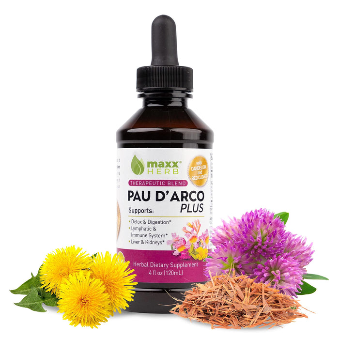 Maxx Herb PAU D’Arco Extract with Dandelion Root & Red Clover Therapeutic Blend, PAU Darco Tincture Absorbs Better Than Taheebo Tea or Capsules, for Immune Support - 4 Oz Bottle (60 Servings)