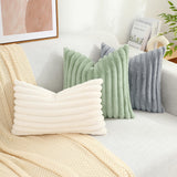 decorUhome Christmas Faux Fur Throw Pillow Covers 12x20 Set of 2, Decorative Soft Plush Striped Lumbar Couch Pillow Covers with Velvet Back for Sofa, Bed, Living Room, Cream White