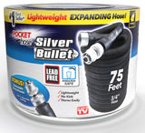 POCKET HOSE Silver Bullet 75 ft Turbo Shot Nozzle Multiple Spray Patterns Expandable Garden Hose 3/4 in Solid Aluminum Fittings Lightweight and No-Kink