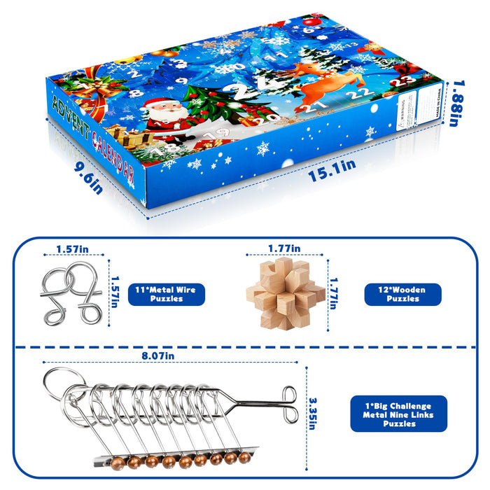 Advent Calendar 2024, Christmas Countdown Calendar with Brain Teaser Puzzles, 24 Days Metal & Wood Puzzle Christmas Countdown Calendar, Brain Challenge Games Toys Gifts for Boys Girls Teens Adults