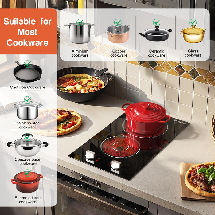 Karienvir 2 Burner Electric Cooktop, 12 Inch Countertop & Built-in Electrical Stovetop, 110V Electric Stove with Plug, Knob Control, 9 Power Level, 2000W(1400W+600W)