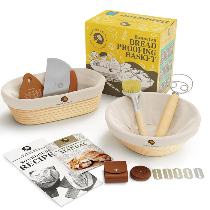 Superbaking Sourdough Proofing Basket Gift Set, Round 9" & Oval 10" Banneton, Sourdough Starter Kit, Sourdough Banneton Basket, Banneton Bread Proofing Basket Set of 2, Sourdough Bread Baking Supplies