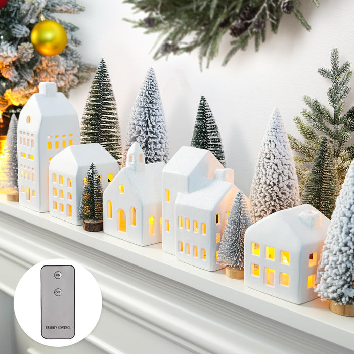 Zesua Christmas Decorations Indoor - Christmas Village Sets of 5 Ceramic Houses with LED Lights Remote and 9 Trees - Winter Rustic Farmhouse Home Holiday Xmas Decor for Mantel Tabletop Room