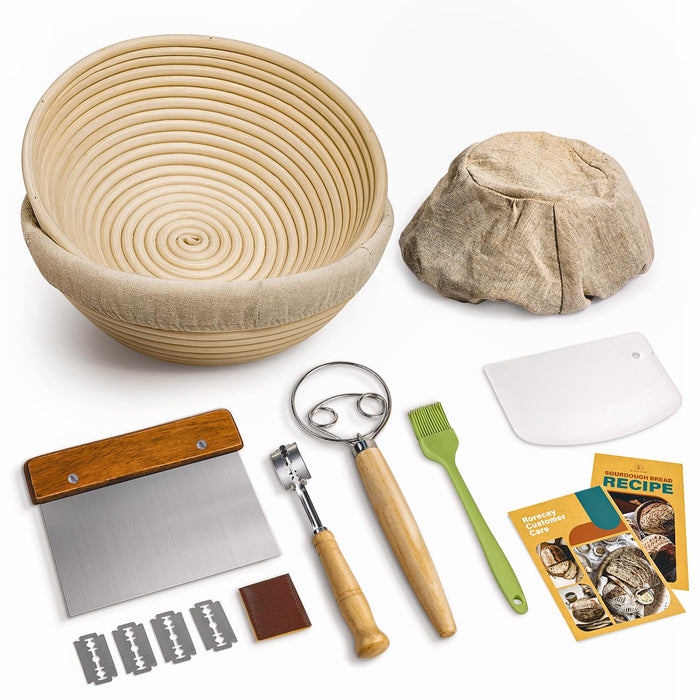 Rorecay Banneton Bread Proofing Baskets Set of 2, 9 Inch Round Cane Sourdough Bread Rising Basket Bowls with Sourdough Bread Making Tools Baking Supplies for Sour Dough Proofing Fermentation
