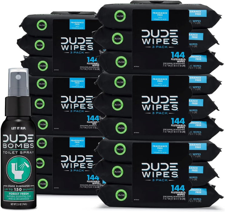 DUDE Wipes - Flushable Wipes with DUDE Bombs Toilet Spray - 18 Pack, 864 Wipes + 1 Spray Bottle - Unscented Extra-Large Adult Wet Wipes with Vitamin-E & Aloe - Forest Fresh Stank Eliminator