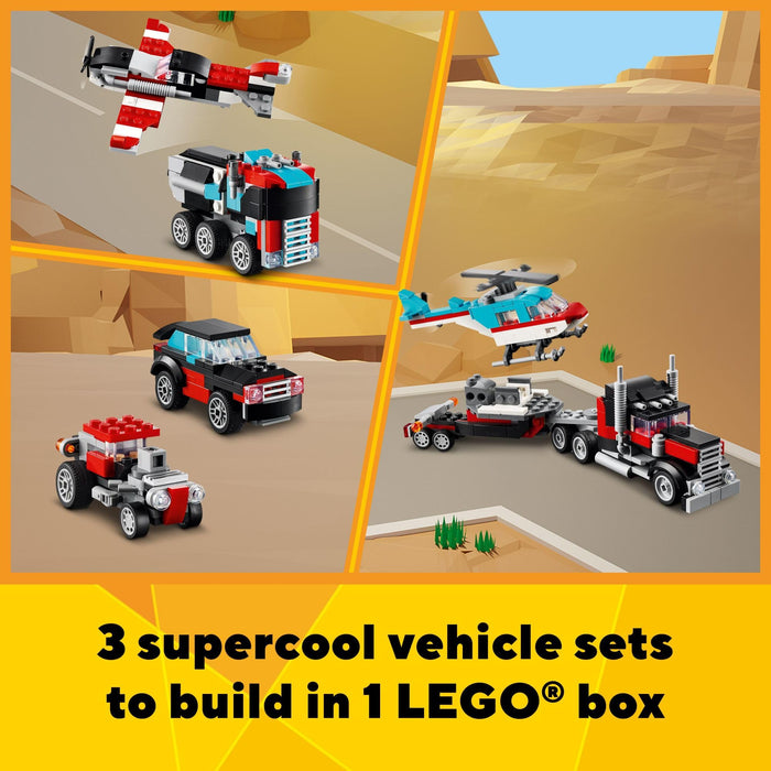 LEGO Creator 3 in 1 Flatbed Truck with Helicopter Toy, Transforms from Flatbed Truck Toy to Propeller Plane to Hot Rod and SUV Car Toys, Gift Idea for Boys and Girls Ages 7 Years Old and Up, 31146