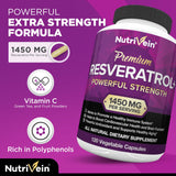 Nutrivein Resveratrol 1450mg - Antioxidant Supplement 120 Capsules – Supports Healthy Aging & Promotes Immune, Brain Boost & Joint Support - Made with Trans-Resveratrol, Green Tea Leaf, Acai Berry