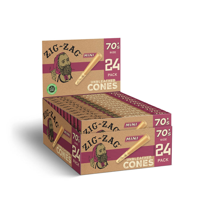 Zig-Zag Pre-Rolled Cones - 70's Unbleached Pre Rolled Rolling Papers - Natural Unbleached Pre Roll Cone Packs for Easy Filling and Slow Even Burn - 70mm Size - 12 Pack (24 Cones per Pack)