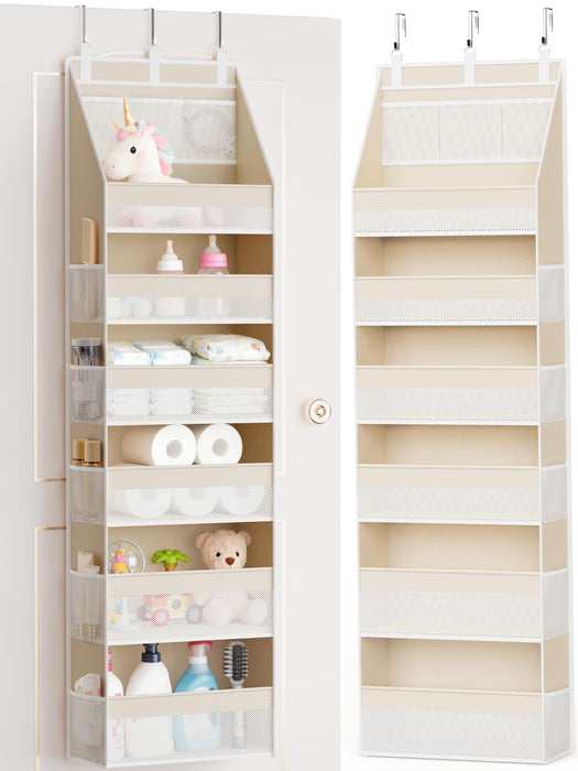 Criusia Over the Door Organizer, 6-Shelf Closet Hanging Storage with 13 Mesh Pockets, 55lbs Capacity Behind the Door Storage for Baby Nursery, Bathroom, Bedroom, and Dorm, Beige