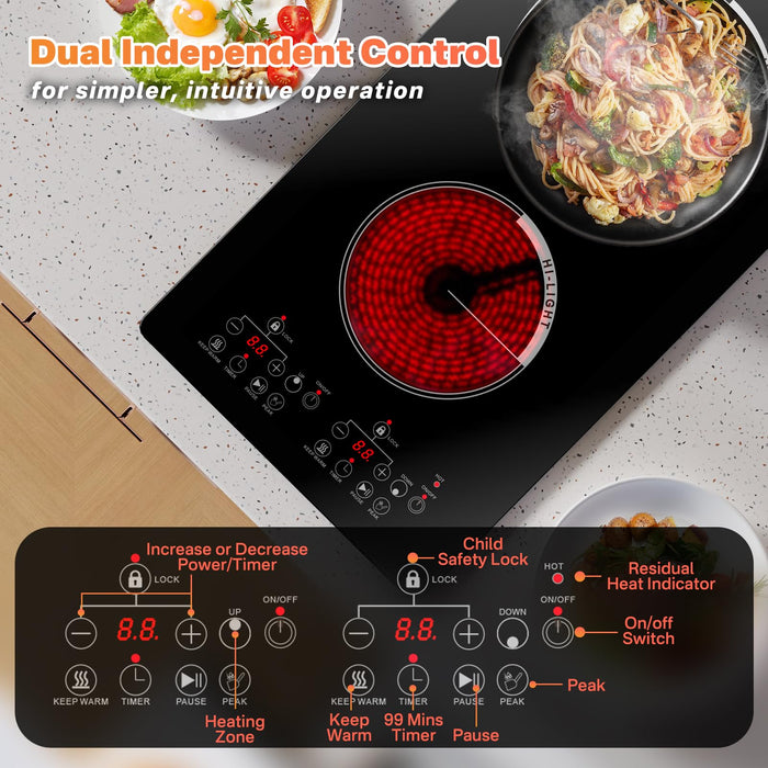 Gveyajo 2 Burner Electric Cooktop with Touch Control, 12 Inch Portable Plug in Stove Top, Ceramic Glass Double Burner, 9 Power Levels, Timer, Child Lock, 2000W