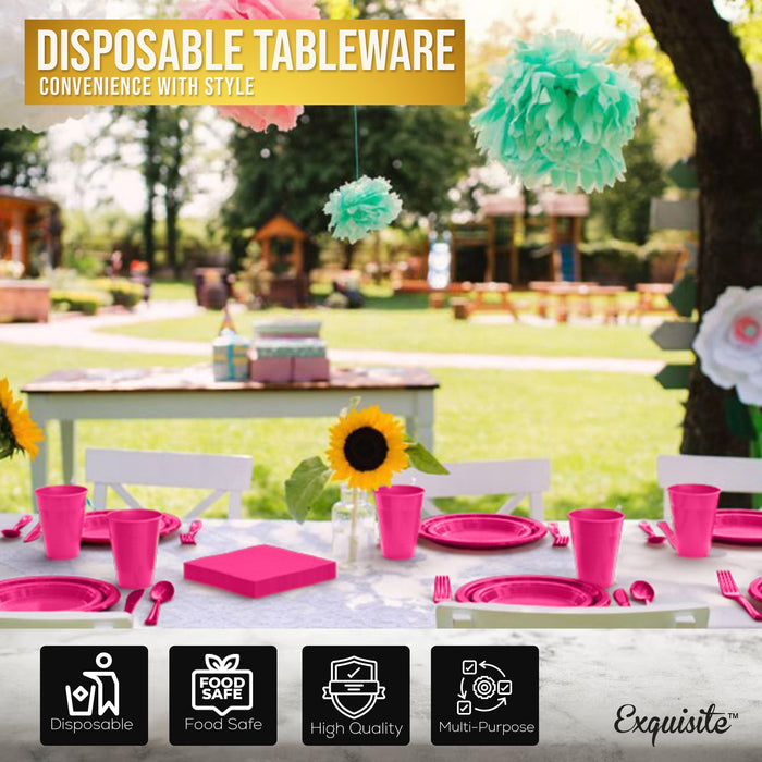 350 Pcs Plastic Dinnerware Set Includes 50 Of Each 9" Cerise Plastic Dinner Plates | 7" Plastic Dessert Plates | 12 oz Plastic Cups | Cerise Napkins | Plastic Spoons, Forks & Knives Exquisite