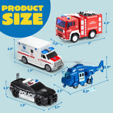 JOYIN 4 Packs Emergency Vehicle Toy Playsets, Friction Powered Vehicles with Light and Sound, Including Fire Truck, Ambulance Toy, Play Police Car and Toy Helicopter, Christmas Toddler Kids Boys Gifts