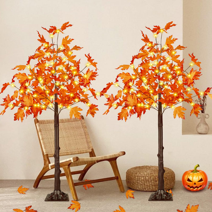 2 Pack 4FT Lighted Maple Tree 100 LED Artificial Fall Tree for Home Decor