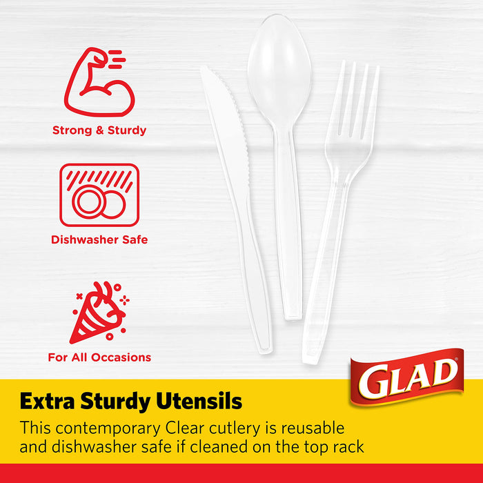 Glad Premium Assorted Plastic Cutlery | Clear Extra Heavy Duty forks, Knives, And Spoons | 150 Piece Set of Disposable Party Utensils, and Sturdy Cutlery