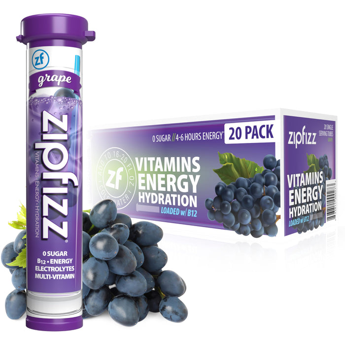 Zipfizz Daily Energy Drink Powder, Grape, 20 Pack | 3-in-1 Sustained Energy, Rapid Hydration, and Essential Vitamins | Sugar-Free | Electrolyte Powder | Contains Vitamin B-12 & Antioxidants