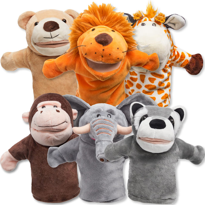JOYIN 6Pcs Kids Hand Puppet Set with Working Mouth, Toddler Animal Plush Toy Includes Elephant, Giraffe, Lion, Bear, Raccoon and Monkey for Show Theater, Christmas Birthday Gifts for Kid