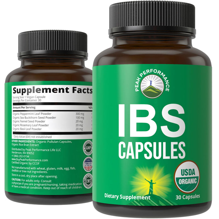 USDA Organic IBS Capsules for Relief, Ingestion, Bloating, Gas. Irritable Bowel Supplement with 5 Handpicked Organic Ingredients. Peppermint Oil, Sea Buckthorn, Fennel Seed, Rosemary Leaf, Basil Leaf