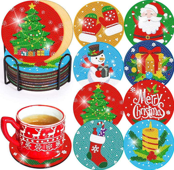 igoodom 8 PCS Christmas Diamond Art Coasters Kit, Diamond Painting Coasters with Holder, Non Slip Coaster Art Supplies for Adults, Christmas Gift
