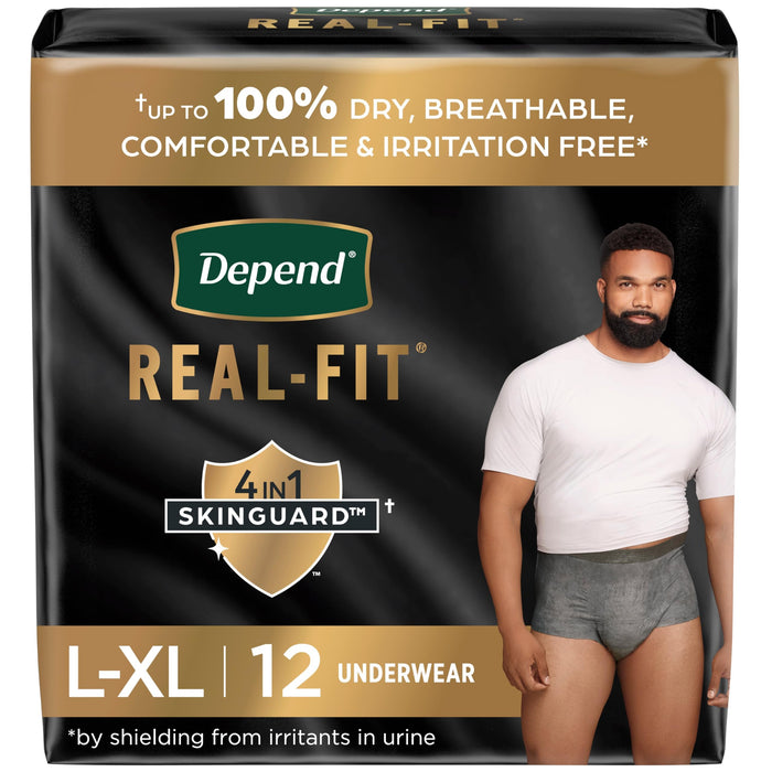 Depend Real Fit Incontinence Underwear for Men, Disposable, Maximum Absorbency, Large/Extra Large, Grey, 12 Count, Packaging May Vary