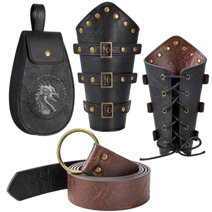 Berenlu 3 PCS Renaissance Accessories, Viking Renaissance Belt Medieval Vintage Belt Pouch and Leather Bracers, Enhance Your Halloween Renaissance Cosplay with Medieval Accessories (Black)