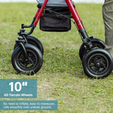 ELENKER All-Terrain Rollator Walker with 10” Rubber Wheels, Padded Seat & Backrest, Under-seat Basket for Seniors, Red