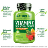 NATURELO Vitamin C with Organic Acerola Cherry Extract and Citrus Bioflavonoids - Vegan Supplement - Immune Support - 500 mg VIT C per Cap - Non-GMO - 180 Capsules