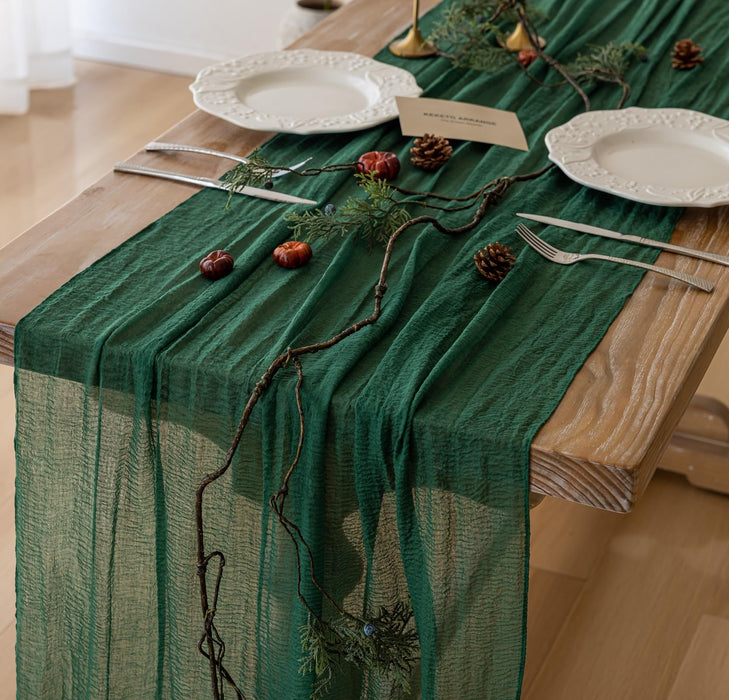 Keketo 6pcs Christmas Emerald Green Cheesecloth Table Runner Gauze 120 Inch 10 FT Rustic Boho Cheese Cloth Runner for Wedding Baby Shower Bridal Shower Birthday Party Long Sheer Home Decorations